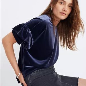 NWT Madewell Velvet Top/Ruffle Sleeve/ blue